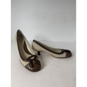 Marcello Paci Pumps Tan Fabric Brown Print‎ w/Tassel Leather Sole Women's 9 M